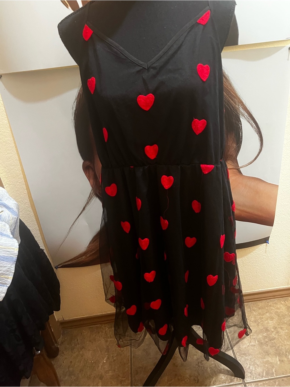 Girls Black Dress with Red Heart Appliqués